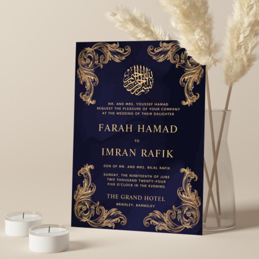 Blauw  Gouden Hoek Islamitische Moslim Bruiloft Kaart