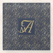 Blauw Gouden Huwelijk Monogram Decoratie Glazen Onderzetter (Voorkant)