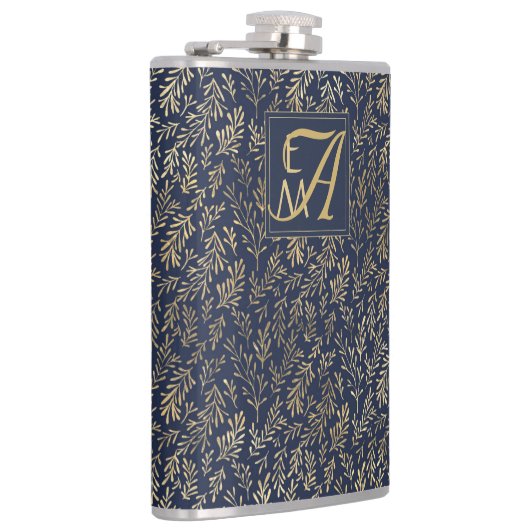 Blauw Gouden Huwelijk Nieuwgetrouwd Monogram Decor Heupfles (Rechts)