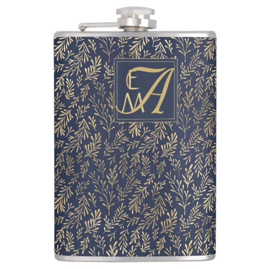 Blauw Gouden Huwelijk Nieuwgetrouwd Monogram Decor Heupfles (Voorkant)