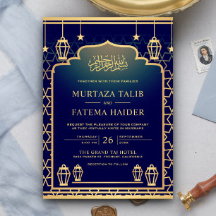 Blauw Gouden Islamitische Boog en Lantaarns Moslim Kaart