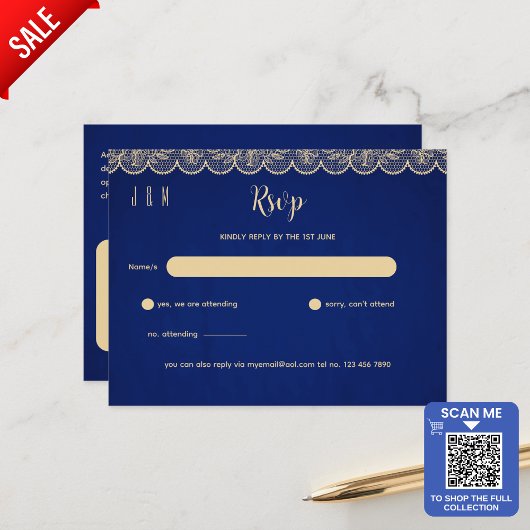 Blauw Gouden Kant Bruiloft RSVP Voor Bijpassende U Briefkaart