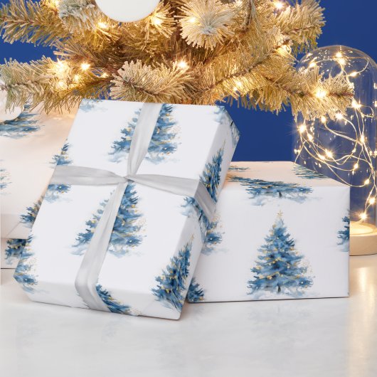 Blauw gouden kerstbomen cadeaupapier (Feestdagen)