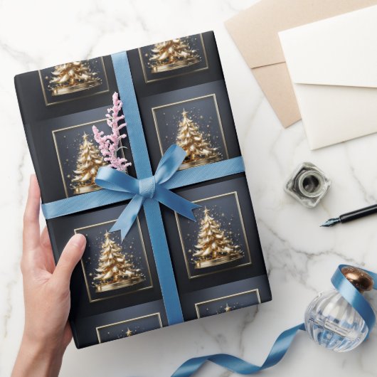 Blauw gouden kerstboom naadloos patroon xmas cadeaupapier (Geschenken)