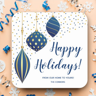 Blauw Gouden Kerstversiering en Stippen Vakantie Vierkante Sticker