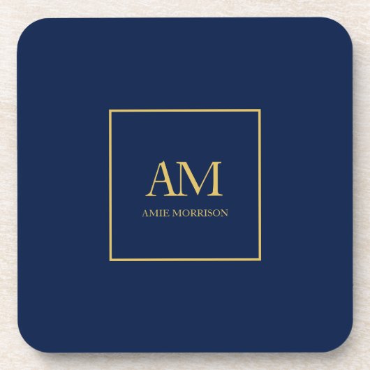 Blauw Gouden Kleuren Monogram Initiaal Letters Naa Bier Onderzetter (Voorkant)