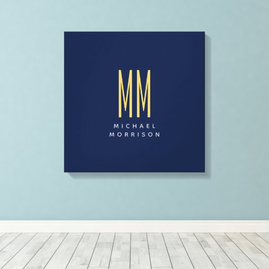 Blauw Gouden Kleuren Monogram Initiaal Letters Naa Canvas Afdruk (Insitu (Houten vloer))