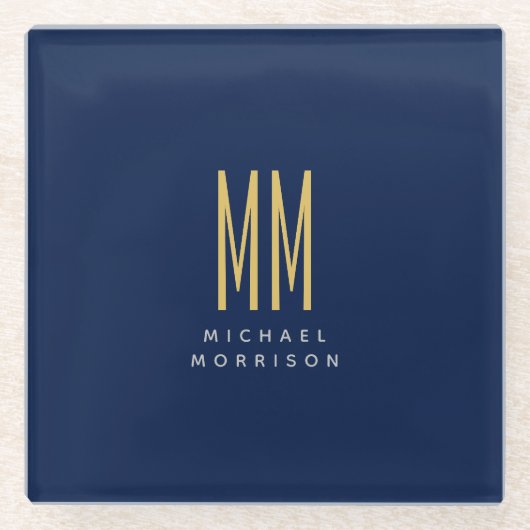 Blauw Gouden Kleuren Monogram Initiaal Letters Naa Glazen Onderzetter (Voorkant)