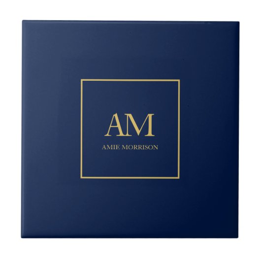 Blauw Gouden Kleuren Monogram Initiaal Letters Naa Tegeltje (Voorkant)