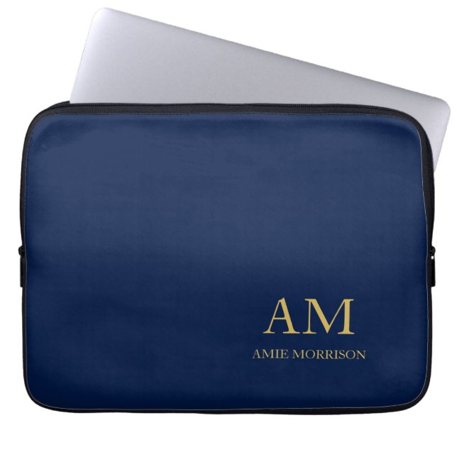 Blauw Gouden Kleuren Professioneel Initiaal Letter Laptop Sleeve (Voorkant)