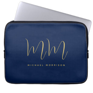 Blauw Gouden Kleuren Professioneel Initiaal Letter Laptop Sleeve