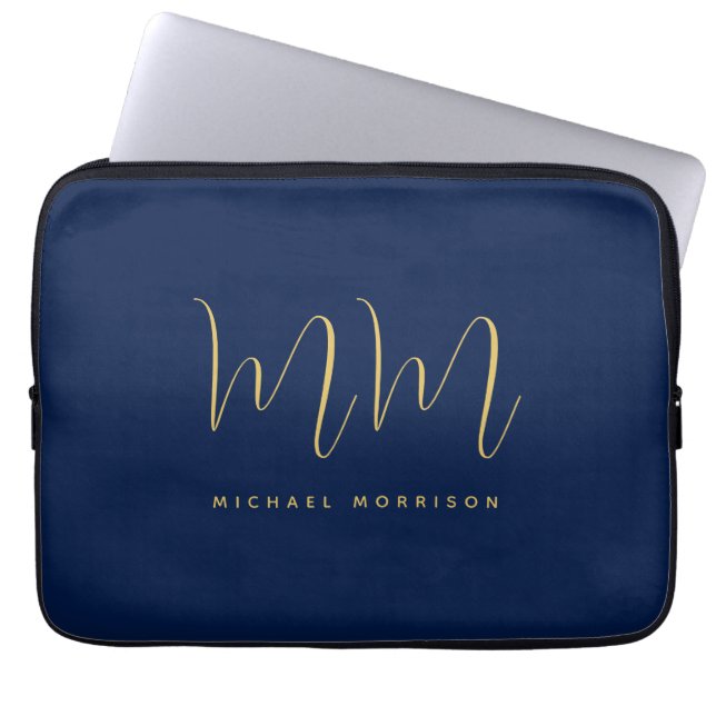 Blauw Gouden Kleuren Professioneel Initiaal Letter Laptop Sleeve (Voorkant)