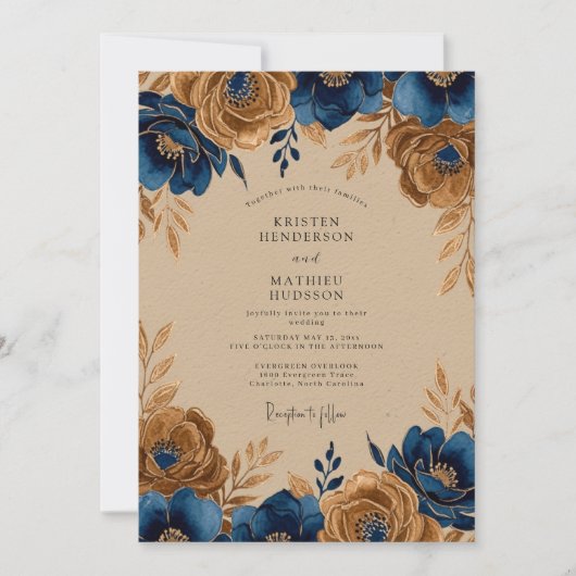 Blauw Gouden Koninklijke Rustieke Bruiloft Kaart (Voorkant)