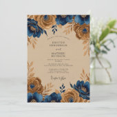 Blauw Gouden Koninklijke Rustieke Bruiloft Kaart (Staand voorkant)