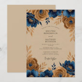 Blauw Gouden Koninklijke Rustieke Bruiloft Kaart (Voorkant / Achterkant)