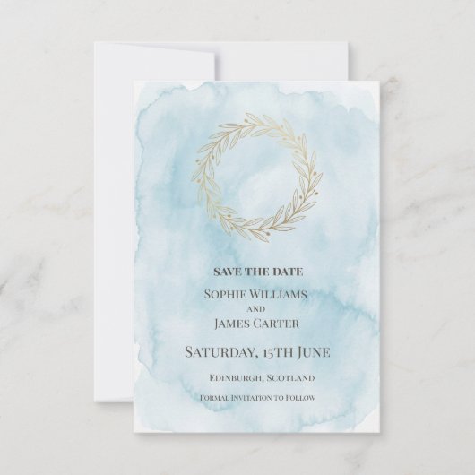 Blauw Gouden Krans Bruiloft Save The Date (Voorkant)
