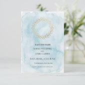 Blauw Gouden Krans Bruiloft Save The Date (Staand voorkant)
