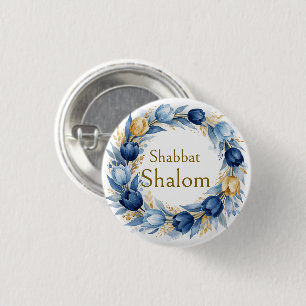 Blauw Gouden Krans, Shabbat Shalom Aquarel Glam Ronde Button 3,2 Cm