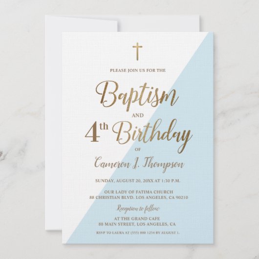 Blauw Gouden Kruis Doop 4e Verjaardag Uitnodiging (Voorkant)