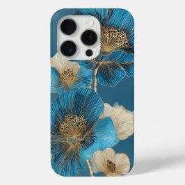 Blauw Gouden Lijn Kunst Papaver Botanisch Bloemmot iPhone 15 Pro Case