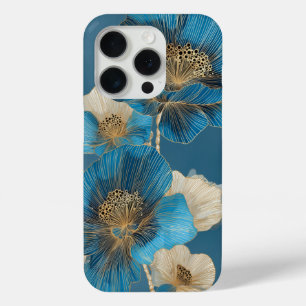 Blauw Gouden Lijn Kunst Papaver Botanisch Bloemmot iPhone 15 Pro Case
