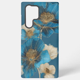 Blauw Gouden Lijn Kunst Papaver Botanisch Bloemmot Samsung Galaxy Hoesje