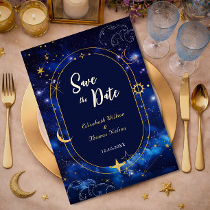 Blauw gouden maan mystieke hemelse astronomie brui save the date