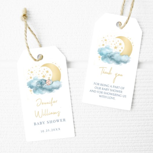 Blauw gouden maansterren baby shower dank u labels cadeaulabel