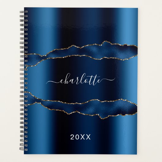 Blauw gouden marmer-naamscript 2023 planner (Voorkant)