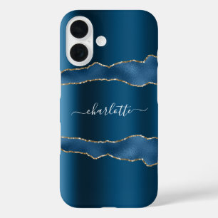 Blauw gouden marmer-naamscript iPhone 16 hoesje