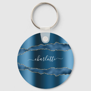 Blauw gouden marmer-naamscript sleutelhanger