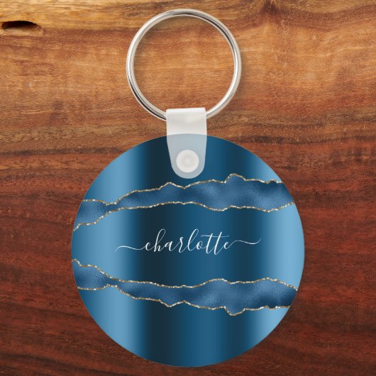 Blauw gouden marmer-naamscript sleutelhanger (Voorkant)
