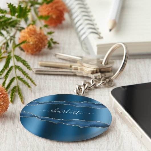 Blauw gouden marmer-naamscript sleutelhanger (Zijkant)