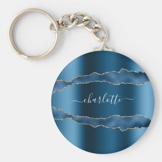 Blauw gouden marmer-naamscript sleutelhanger (Voorkant)