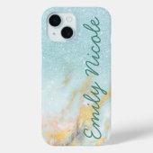 Blauw Gouden Marmer Ombre Nep Glitter Monogram Naa Case-Mate iPhone Case (Achterkant)