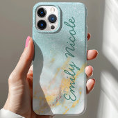 Blauw Gouden Marmer Ombre Nep Glitter Monogram Naa Case-Mate iPhone Case