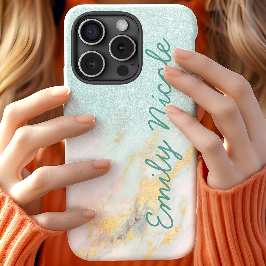 Blauw Gouden Marmer Ombre Nep Glitter Monogram Naa Case-Mate iPhone Case