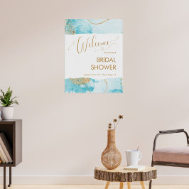 Blauw gouden meer waterverf bruidsdouche welkom poster
