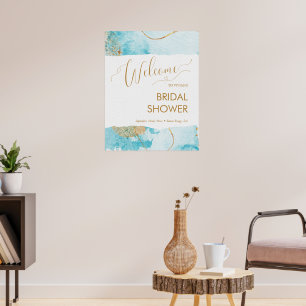 Blauw Gouden Meer Waterverf Bruidsdouche Welkom Poster