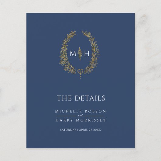 Blauw gouden monogram krans trouwdetails (Voorkant)