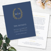 Blauw gouden monogram krans trouwdetails