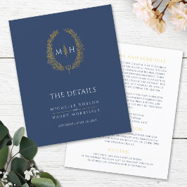 Blauw gouden monogram krans trouwdetails