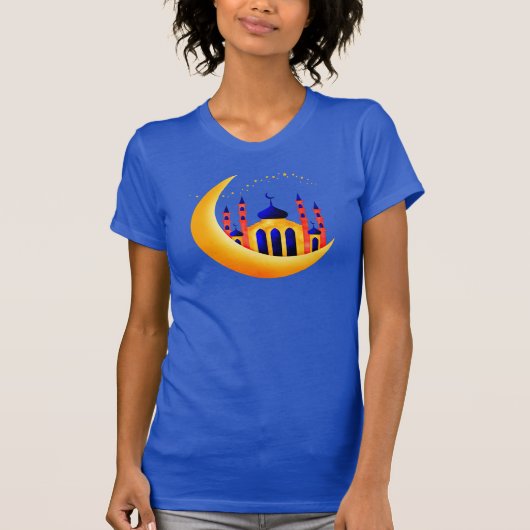 Blauw & Gouden Moskee op de Maan van de Halve Maan T-shirt (Voorkant)