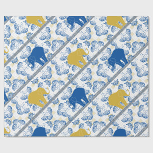 Blauw Gouden Olifant Bloem Safari Jungle Patroon Cadeaupapier