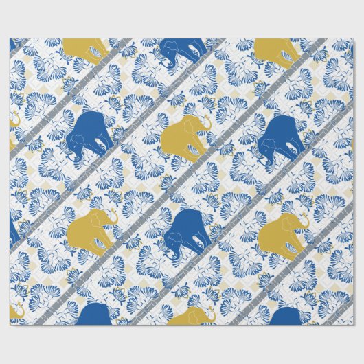 Blauw gouden olifant bloemensafari Oerwoud Cadeaupapier (Vlak)