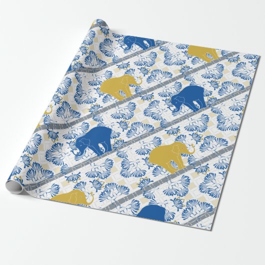 Blauw gouden olifant bloemensafari Oerwoud Cadeaupapier (Uitgerold)