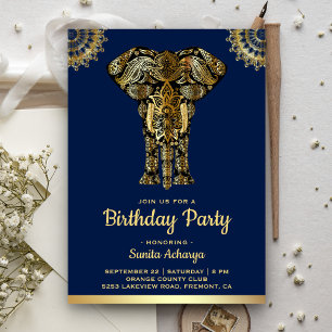 Blauw Gouden Olifant Indiase Verjaardagsfeestje Kaart