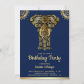 Blauw Gouden Olifant Indiase Verjaardagsfeestje Kaart (Voorkant)