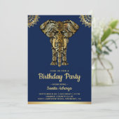 Blauw Gouden Olifant Indiase Verjaardagsfeestje Kaart (Staand voorkant)
