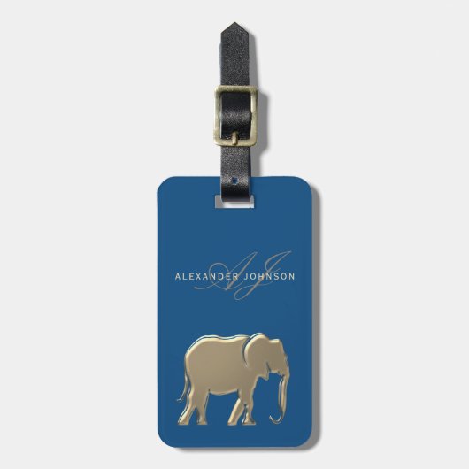 Blauw Gouden Olifant Monogram Bagagelabel (Voorkant verticaal)
